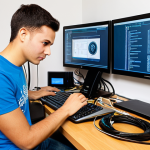 Network Troubleshooting**

"A young IT professional, fully clothed in a modest tech company t-shirt and jeans, meticulously examining network cables and a router in a brightly lit, modern home office, surrounded by computer screens displaying network diagnostic tools. Safe for work, appropriate content, perfect anatomy, correct proportions, well-formed hands, professional, modest, family-friendly, illustrative style."

**
