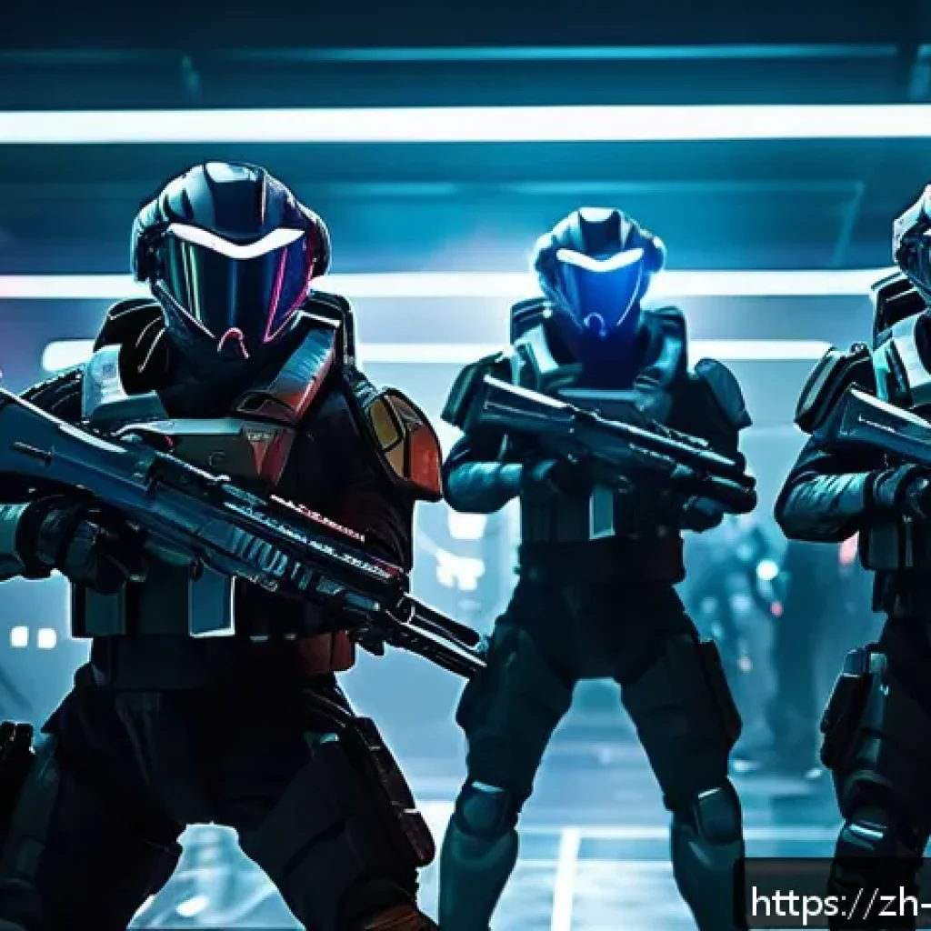 블루아카이브 이벤트 참여 방법 - A dynamic scene depicting a futuristic tactical team in an intense battle inside a high-tech facilit...
