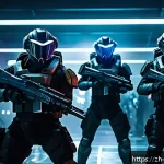 블루아카이브 이벤트 참여 방법 - A dynamic scene depicting a futuristic tactical team in an intense battle inside a high-tech facilit...