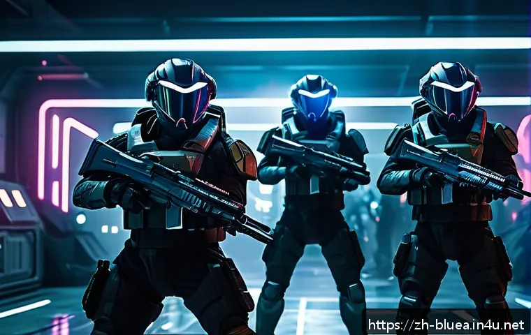 블루아카이브 이벤트 참여 방법 - A dynamic scene depicting a futuristic tactical team in an intense battle inside a high-tech facilit...