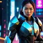 블루아카이브 신규 캐릭터 예측 - A futuristic female warrior character wearing sleek, high-tech armor with vibrant color accents comb...