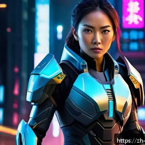 블루아카이브 신규 캐릭터 예측 - A futuristic female warrior character wearing sleek, high-tech armor with vibrant color accents comb...