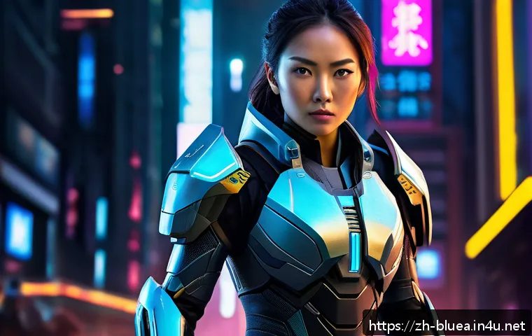 블루아카이브 신규 캐릭터 예측 - A futuristic female warrior character wearing sleek, high-tech armor with vibrant color accents comb...