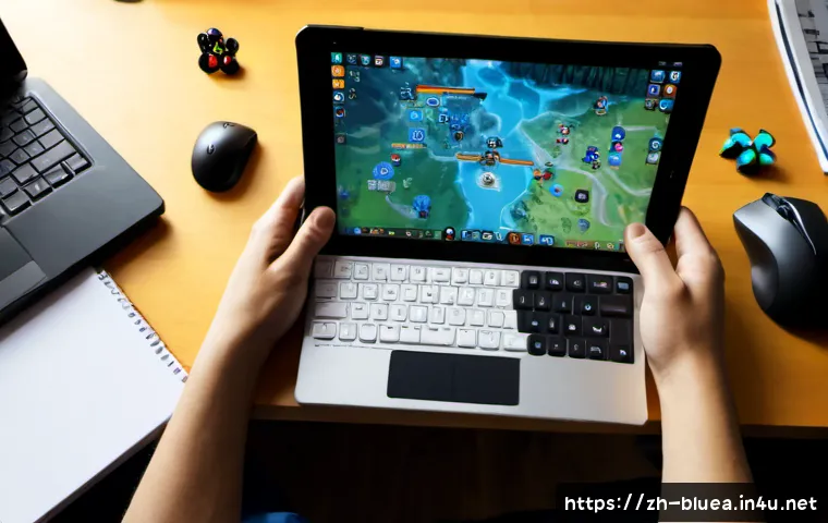 블루아카이브 공략 가이드 - Photorealistic overhead view of an adult strategy gamer at a clean modern desk, studying a tablet di...